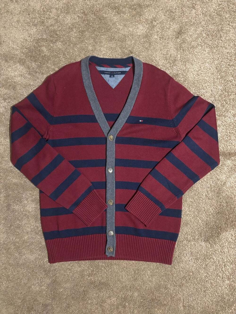 Tommy Hilfiger Men's Striped V-Neck Button Cardigan Sweater Burgundy Navy Size M